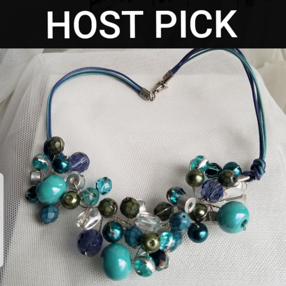 Turquoise Blue Ceramic Bead & Crystal Mixed Media Beaded Necklace Handmade NEW - Picture 17 of 17
